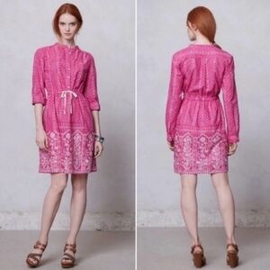 Anthropologie Meadow Rue VINTAGE Anila PINK WHITE Floral Cotton Shirt Dress sz 0